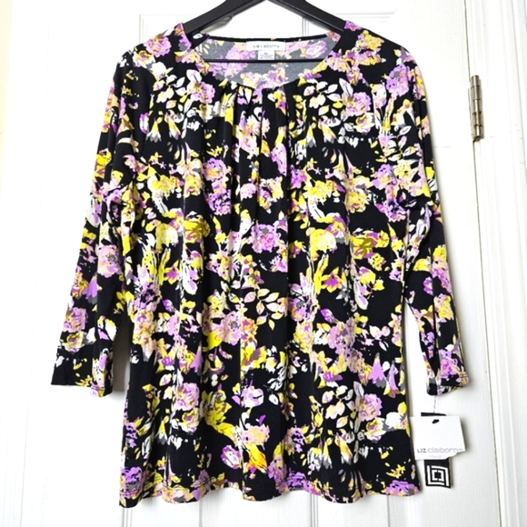 Liz Claiborne Tops - NWT Liz Claiborne black knit top blouse with multicolor orchid floral print XL